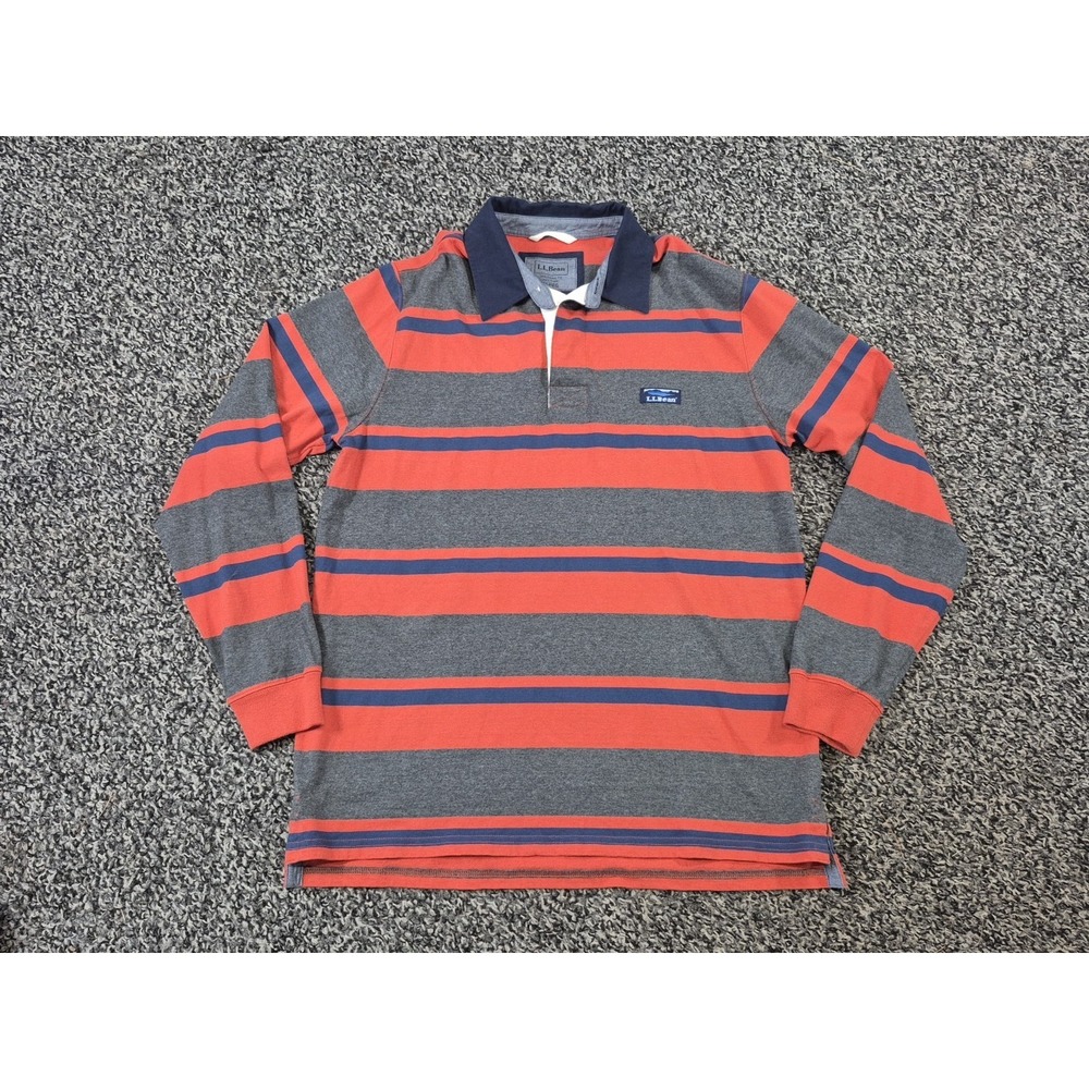 Vintage LL Bean Shirt Mens Medium Orange Gray Rugby Striped Polo Cotton 90s - Picture 2 of 8